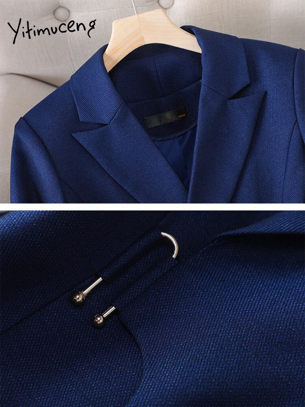 Yitimuceng Ženska Biue Uredska odijela s hlačama Dugih rukava Tanak blejzer visokog struka Ležerna odijela Hlače Jesen Zima 2023 Novi komplet od 2 komada