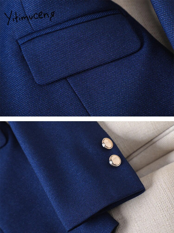 Yitimuceng Ženska Biue Uredska odijela s hlačama Dugih rukava Tanak blejzer visokog struka Ležerna odijela Hlače Jesen Zima 2023 Novi komplet od 2 komada