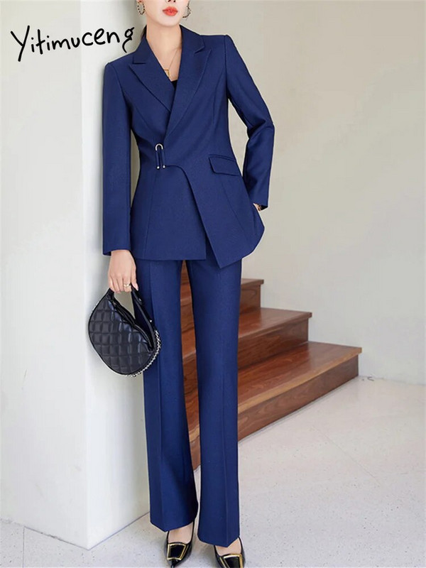 Yitimuceng Ženska Biue Uredska odijela s hlačama Dugih rukava Tanak blejzer visokog struka Ležerna odijela Hlače Jesen Zima 2023 Novi komplet od 2 komada