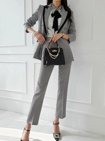 Επαγγελματικά επίσημα 2 τεμάχια Κοστούμια παντελόνι Γυναικεία Houndstooth παλτό σακάκι τσέπες ίσια μακριά παντελόνια σετ άνοιξη