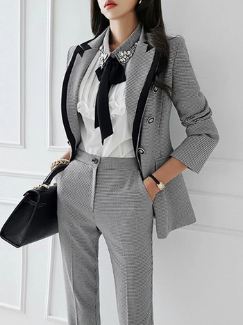 Επαγγελματικά επίσημα 2 τεμάχια Κοστούμια παντελόνι Γυναικεία Houndstooth παλτό σακάκι τσέπες ίσια μακριά παντελόνια σετ άνοιξη