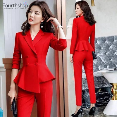 Costume roșii cu pantaloni de modă pentru femei, îmbrăcăminte de afaceri, ținute formale, set de blazer pentru damă, elegant, 2 piese, pentru femei, 2023 nou