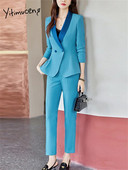 Yitimuceng plava odijela za žene 2023. Modni uredski kompleti sakoa s dvostrukim kopčanjem s otvorenim ovratnikom s visokim strukom