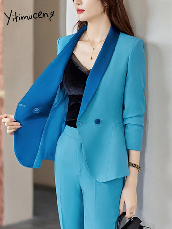Yitimuceng Μπλε κοστούμια για γυναίκες 2023 Γραφείο μόδας Lady Double Breasted Σετ παντελόνι με στρογγυλό γιακά ζιβάγκο ψηλόμεσο
