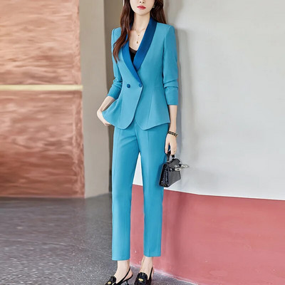 Yitimuceng plava odijela za žene 2023. Modni uredski kompleti sakoa s dvostrukim kopčanjem s otvorenim ovratnikom s visokim strukom