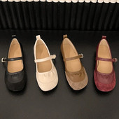 Dizajn marke Mary Jane cipele od brušene kože s okruglim prstima Ženske mekane elastične plisirane balerinke Ženske retro plitke mokasine s kopčom