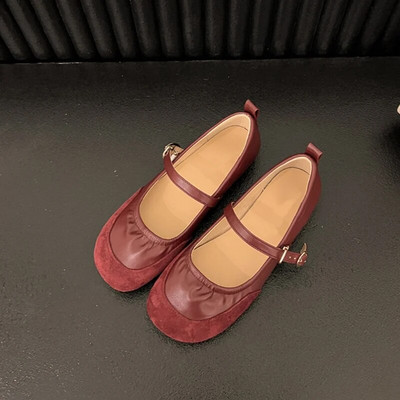 Dizajn marke Mary Jane cipele od brušene kože s okruglim prstima Ženske mekane elastične plisirane balerinke Ženske retro plitke mokasine s kopčom