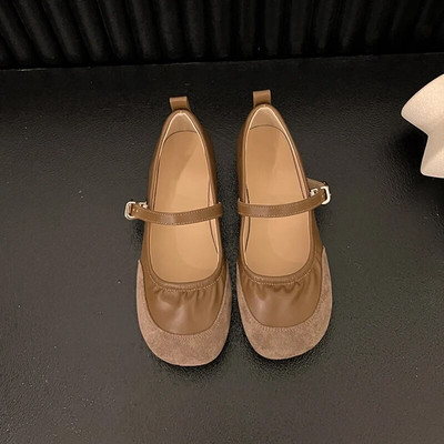 Dizajn marke Mary Jane cipele od brušene kože s okruglim prstima Ženske mekane elastične plisirane balerinke Ženske retro plitke mokasine s kopčom