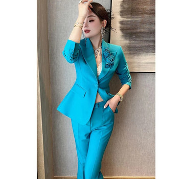 Άνοιξη φθινόπωρο νεότερο 2023 Γυναικείο κοστούμι γραφείου σχεδιαστών με μονό κουμπί Flower Blazer Slim παλτό και κοστούμια flare παντελόνι σετ 2 τεμαχίων