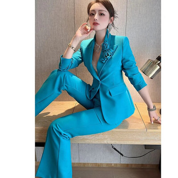 Άνοιξη φθινόπωρο νεότερο 2023 Γυναικείο κοστούμι γραφείου σχεδιαστών με μονό κουμπί Flower Blazer Slim παλτό και κοστούμια flare παντελόνι σετ 2 τεμαχίων