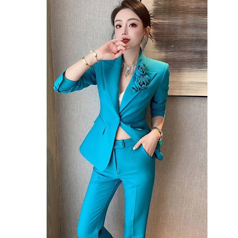 Proljeće Jesen Najnovije dizajnersko uredsko odijelo za 2023. Ženski set sakoa s cvjetićima s jednim gumbom, uski kaputi i odijela s širokim hlačama, set od 2 komada
