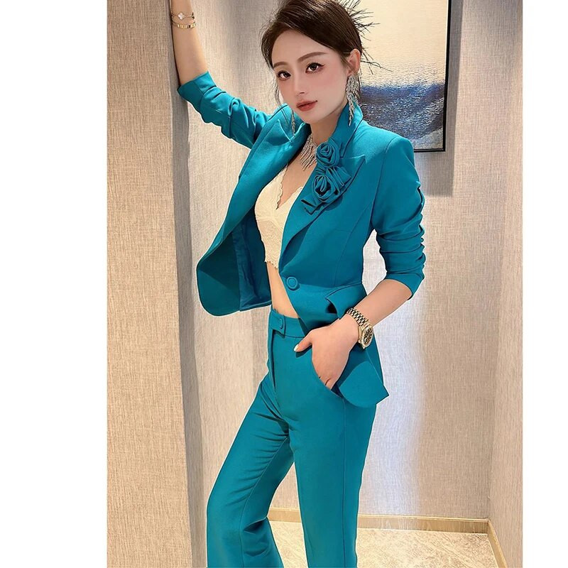 Proljeće Jesen Najnovije dizajnersko uredsko odijelo za 2023. Ženski set sakoa s cvjetićima s jednim gumbom, uski kaputi i odijela s širokim hlačama, set od 2 komada