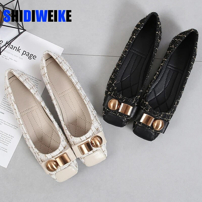 Ravne cipele s četvrtastim prstima Ženske natikače Udobne baletne ženske cipele s ravnim prstima Cipela s metalnim gumbima Veličina 35-43 Zapatillas Mujer