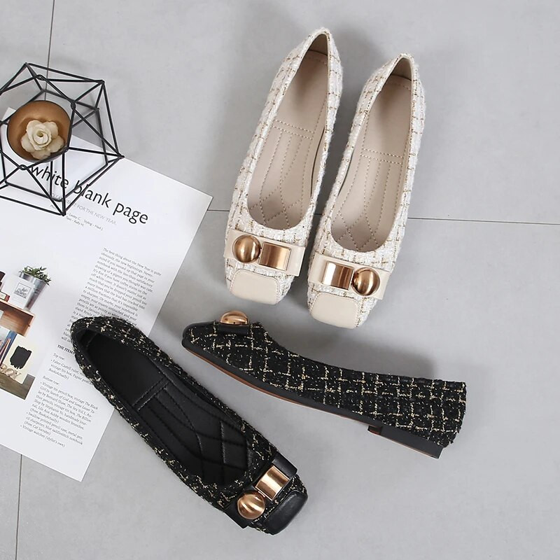 Ravne cipele s četvrtastim prstima Ženske natikače Udobne baletne ženske cipele s ravnim prstima Cipela s metalnim gumbima Veličina 35-43 Zapatillas Mujer