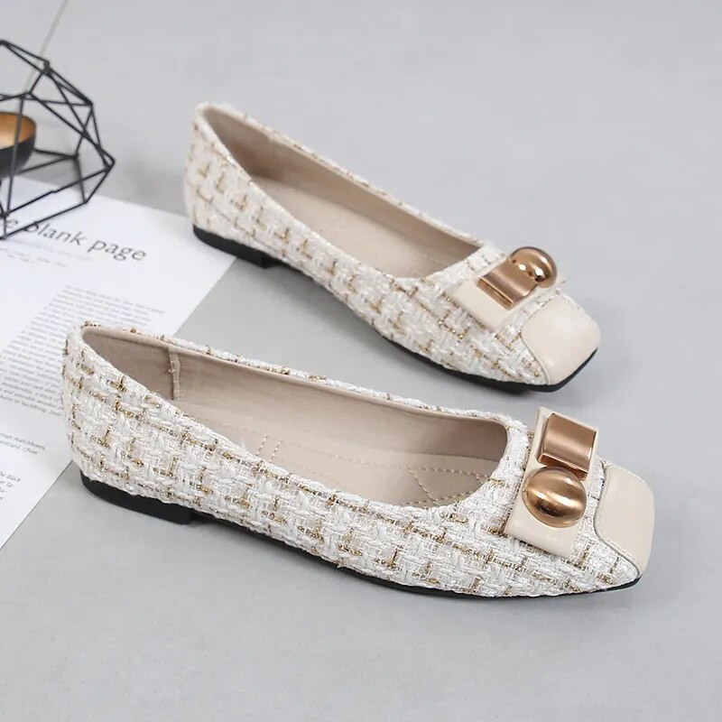 Ravne cipele s četvrtastim prstima Ženske natikače Udobne baletne ženske cipele s ravnim prstima Cipela s metalnim gumbima Veličina 35-43 Zapatillas Mujer