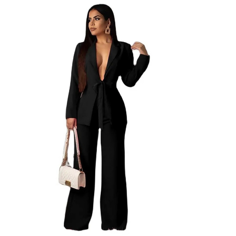 Elegantni ženski formalni kompleti hlača 2023 Novo u ženskim blejzerima na vezanje + odijelo s hlačama širokih nogavica Officie Lady Business 2-dijelni set