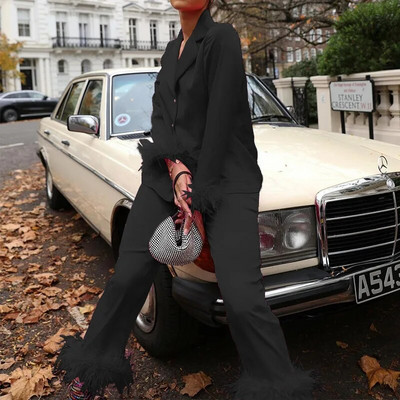 Ženski kompleti hlača od perja 2023. Novo u ležernoj gornjoj odjeći s otvorenim ovratnikom + odijelo s hlačama Ženski modni dvodijelni set