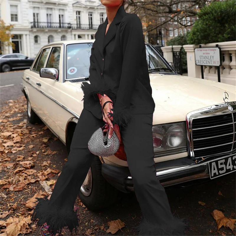 Ženski kompleti hlača od perja 2023. Novo u ležernoj gornjoj odjeći s otvorenim ovratnikom + odijelo s hlačama Ženski modni dvodijelni set