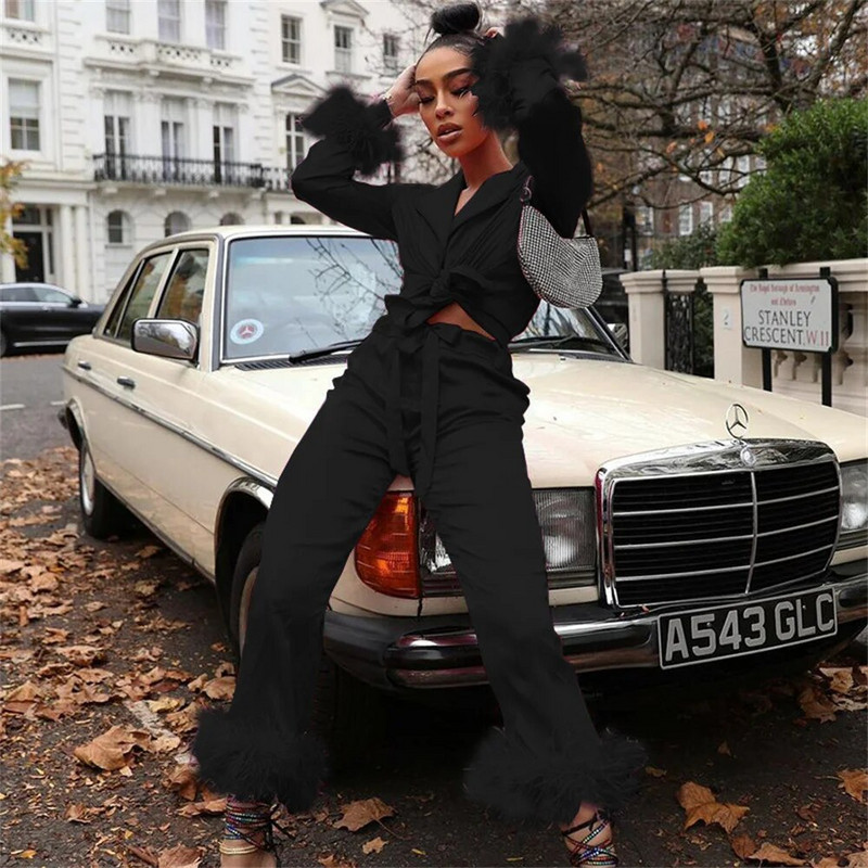 Ženski kompleti hlača od perja 2023. Novo u ležernoj gornjoj odjeći s otvorenim ovratnikom + odijelo s hlačama Ženski modni dvodijelni set