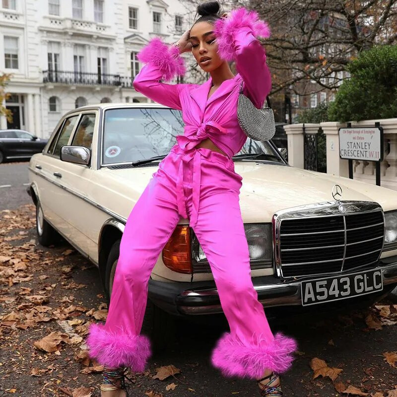 Ženski kompleti hlača od perja 2023. Novo u ležernoj gornjoj odjeći s otvorenim ovratnikom + odijelo s hlačama Ženski modni dvodijelni set