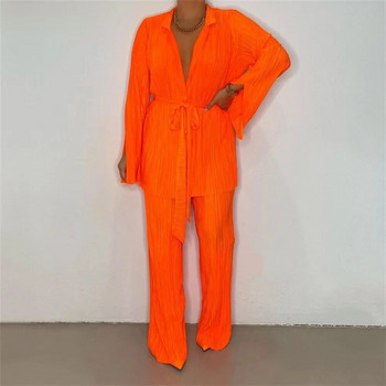 Πορτοκαλί γυναικείο πουκάμισο σετ δύο τεμαχίων 2023 Νέα μακρυμάνικα μπλουζάκια από σιφόν + φαρδιά φούτερ παντελόνι Κομψά γυναικεία casual παντελόνια