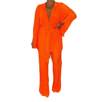 Πορτοκαλί γυναικείο πουκάμισο σετ δύο τεμαχίων 2023 Νέα μακρυμάνικα μπλουζάκια από σιφόν + φαρδιά φούτερ παντελόνι Κομψά γυναικεία casual παντελόνια