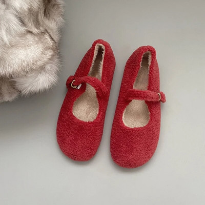 Modne vunene balerinke s okruglim prstima Ženske koncizne tople plišane natikače Ženske brendirane pahuljaste cipele Mary Jane u crveno sivoj boji
