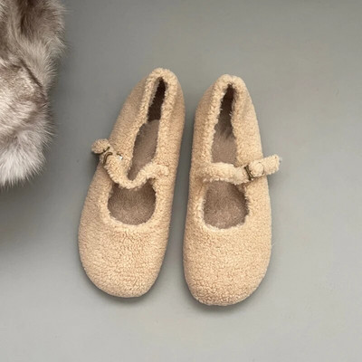 Modne vunene balerinke s okruglim prstima Ženske koncizne tople plišane natikače Ženske brendirane pahuljaste cipele Mary Jane u crveno sivoj boji