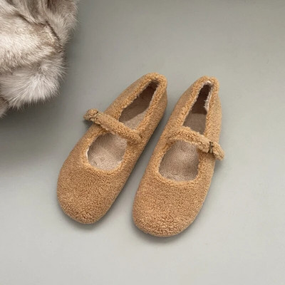 Modne vunene balerinke s okruglim prstima Ženske koncizne tople plišane natikače Ženske brendirane pahuljaste cipele Mary Jane u crveno sivoj boji