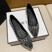 Skatuves apavi sievietēm Luksusa auklas krelles balerīnas ar smailiem purngaliem, pērļu balets, dzīvokļi Sieviešu rhinestones kāzu ballīte Zapatos