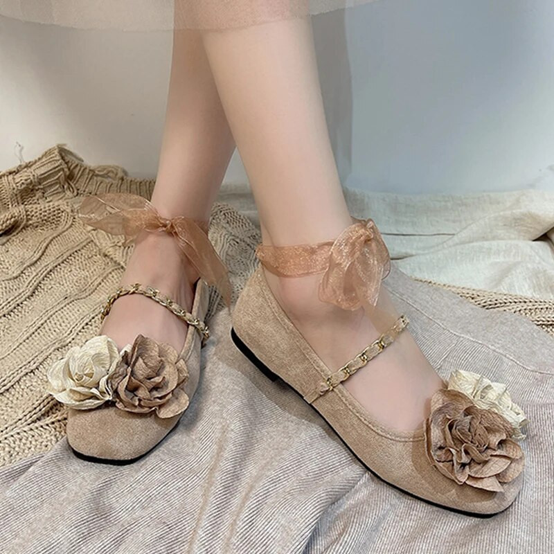 Cipele u stilu bajke Ženske balerinke s vječnim ružinim cvijetom Ženske jesenske slatke vrpce Lanac za noge s kravatom Mary Janes Lolita natikače