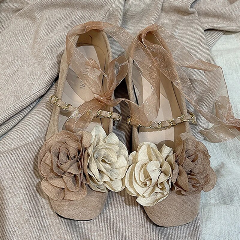 Cipele u stilu bajke Ženske balerinke s vječnim ružinim cvijetom Ženske jesenske slatke vrpce Lanac za noge s kravatom Mary Janes Lolita natikače