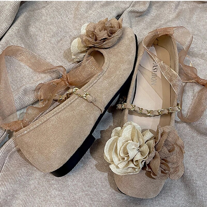 Cipele u stilu bajke Ženske balerinke s vječnim ružinim cvijetom Ženske jesenske slatke vrpce Lanac za noge s kravatom Mary Janes Lolita natikače