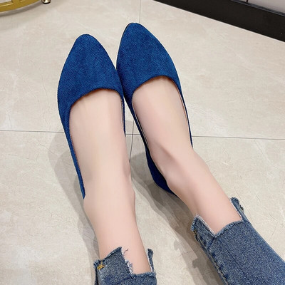 Women Flats Faux Suede Boat Shoes Pointed Toe Slip on Comfortable Ladies Shoes Black Loafers Shallow Single Shoes Blue Red 1057N