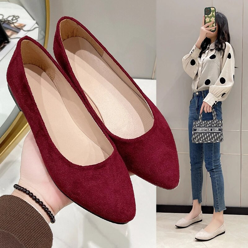 Ženske ravne tenisice od umjetne brušene kože sa šiljatim vrhovima Udobne ženske cipele Crne mokasine Plitke jednostruke cipele Plava Crvena 1057N