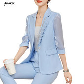 NAVIU Μπλε Κοστούμια Γυναικείες Καλοκαίρι Νέες Κεντημένες φωτοβολίδες Πλισέ ιδιοσυγκρασία Business Slim Blazer και παντελόνι Γυναικεία ρούχα εργασίας