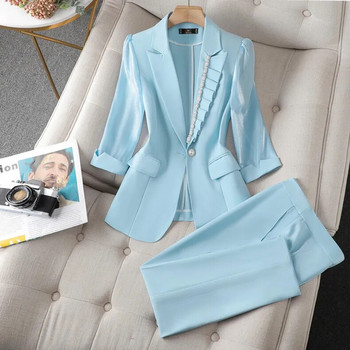 NAVIU Μπλε Κοστούμια Γυναικείες Καλοκαίρι Νέες Κεντημένες φωτοβολίδες Πλισέ ιδιοσυγκρασία Business Slim Blazer και παντελόνι Γυναικεία ρούχα εργασίας