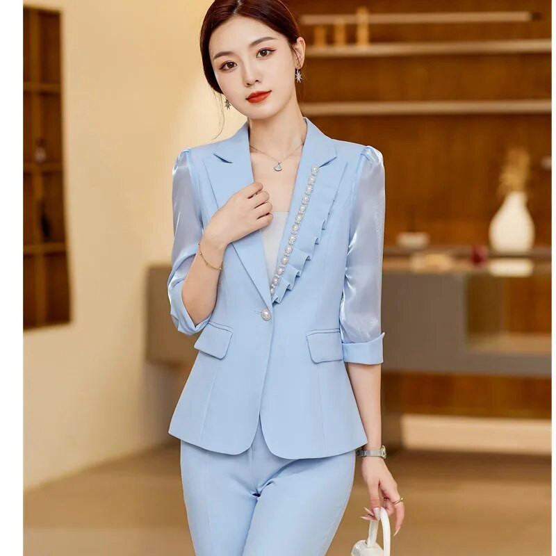 NAVIU Μπλε Κοστούμια Γυναικείες Καλοκαίρι Νέες Κεντημένες φωτοβολίδες Πλισέ ιδιοσυγκρασία Business Slim Blazer και παντελόνι Γυναικεία ρούχα εργασίας