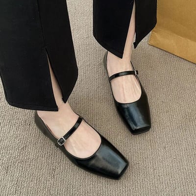 Νέα γυναικεία φλατ τετράγωνα παπούτσια Mary Janes Sliver χρυσά δερμάτινα παπούτσια για γυναικεία λουράκια πόρπης Γυναικεία ρηχά παπούτσια Spring 1299N