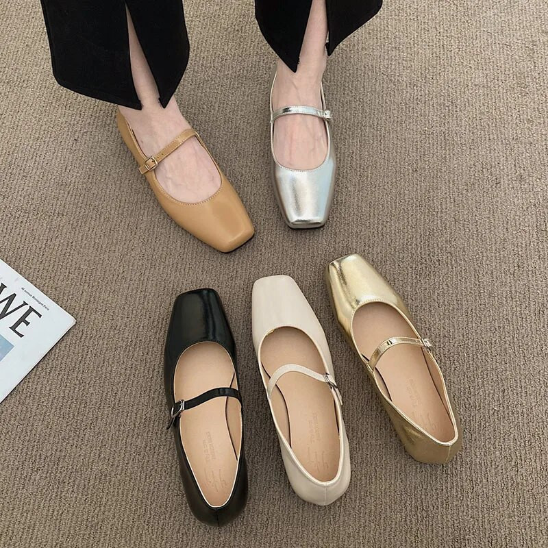 Νέα γυναικεία φλατ τετράγωνα παπούτσια Mary Janes Sliver χρυσά δερμάτινα παπούτσια για γυναικεία λουράκια πόρπης Γυναικεία ρηχά παπούτσια Spring 1299N