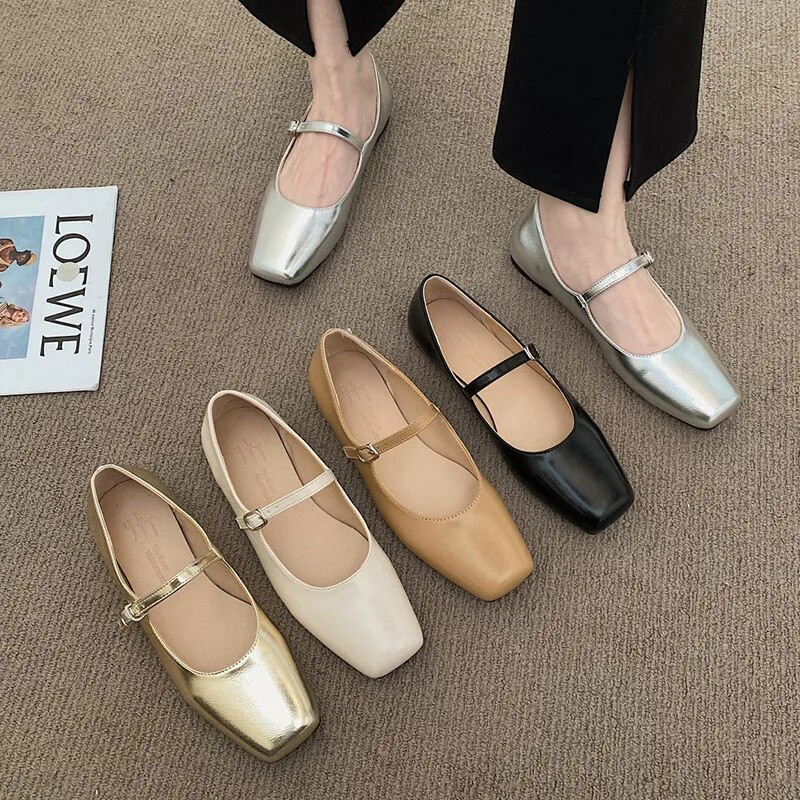 Νέα γυναικεία φλατ τετράγωνα παπούτσια Mary Janes Sliver χρυσά δερμάτινα παπούτσια για γυναικεία λουράκια πόρπης Γυναικεία ρηχά παπούτσια Spring 1299N