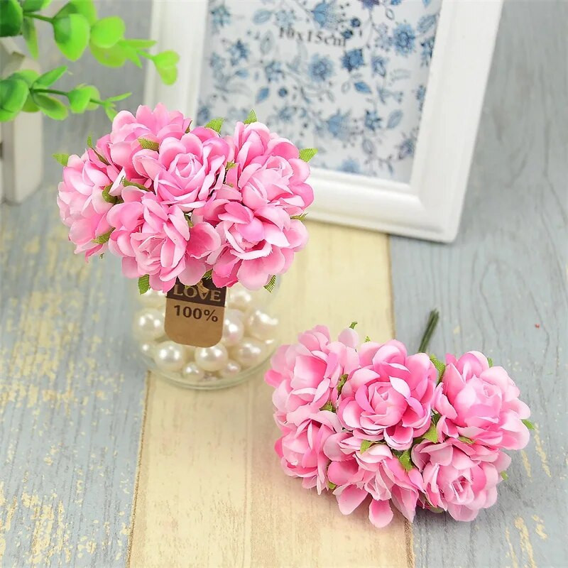 6 kom/lot Mini svileni buket umjetnog ružinog cvijeća za kućnu dekoraciju vjenčanja Poklon kutija Craft DIY Scrapbooking lažna cvjetna kugla