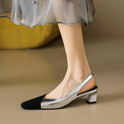 Ženske sandale s četvrtastim prstima, crne patchwork cipele, zlatno-sjebrene, srednje potpetice, ljetne ženske svečane cipele, velika veličina 41 1363N