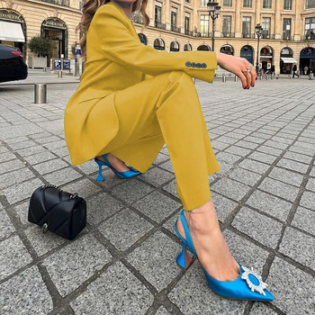 Μπλέιζερ Παντελόνι Σετ δύο τεμαχίων Γυναικείο Γυναικείο Γραφείο Κίτρινο Μπλε Επαγγελματικά Μονά Κουμπιά Παντελόνι Φαρδύ Μπλέιζερ + Παντελόνι Επίσημο κοστούμι