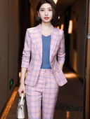 Női blézer és nadrágkosztüm Elegáns Rózsaszín Szürke Sárgabarack Kockás nadrág Női Hivatalos irodai munka üzleti 2 részes készlet