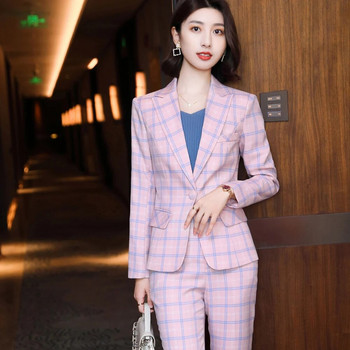Γυναικείο κοστούμι σακάκι και παντελόνι Κομψό ροζ γκρι μπλε βερίκοκο καρό παντελόνι Γυναικείο επίσημο σετ γραφείου Business 2 τεμάχια
