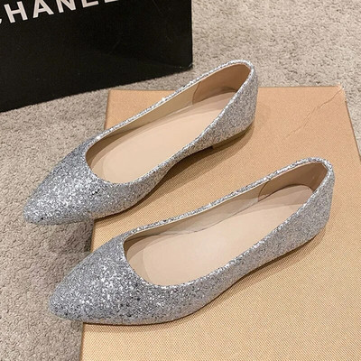 Bling Sliver Flats για γυναικείες παγιέτες, υφασμάτινα παπούτσια για βάρκα, μπαλαρίνες με μυτερές μύτες, παπούτσια γάμου Gold slip σε ρηχά παπούτσια 1041N