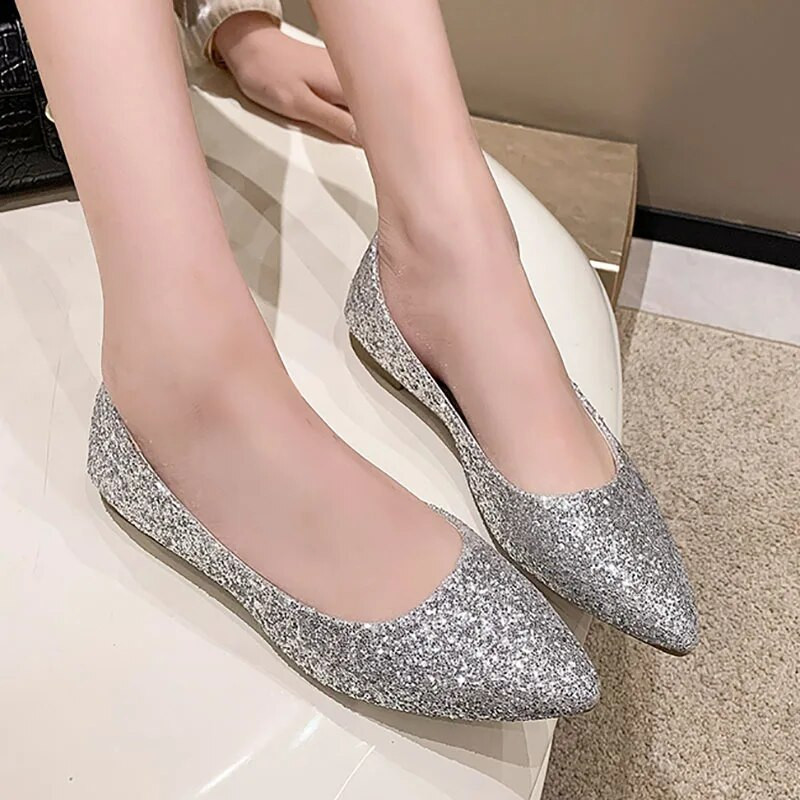 Bling Sliver cipele za žene Platnene cipele sa šljokicama Balerinke sa šiljastim prstima Vjenčane cipele Zlatne natikače Plitke cipele 1041N