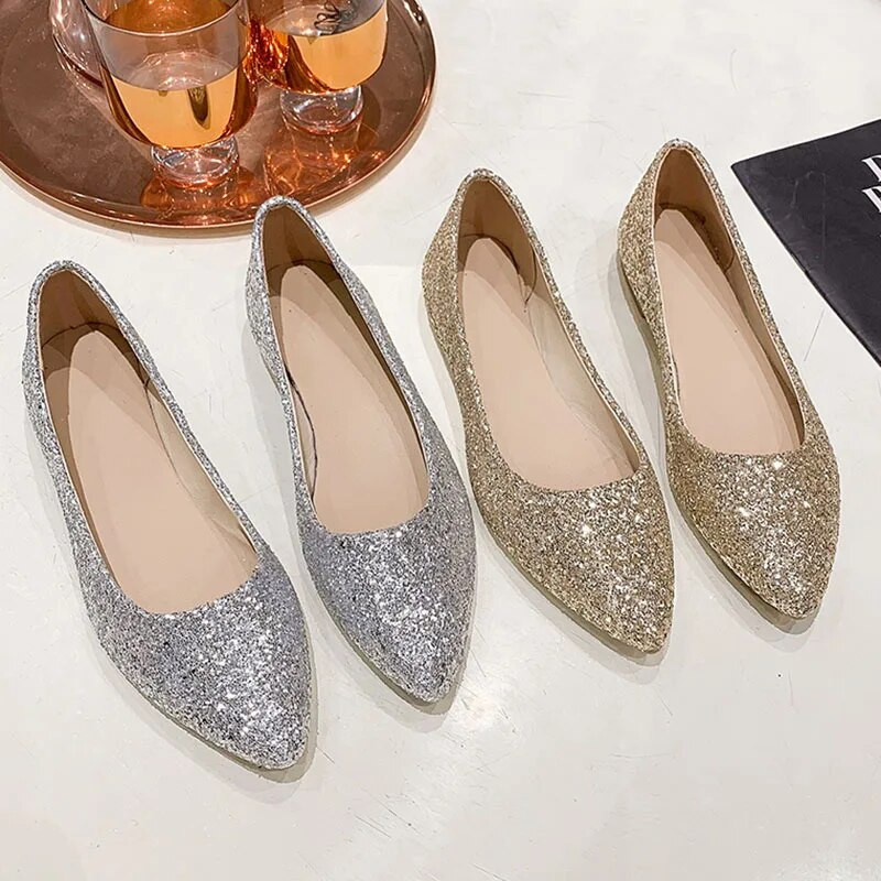 Bling Sliver cipele za žene Platnene cipele sa šljokicama Balerinke sa šiljastim prstima Vjenčane cipele Zlatne natikače Plitke cipele 1041N