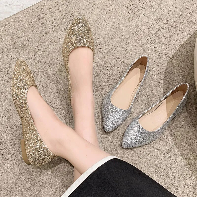 Bling Sliver cipele za žene Platnene cipele sa šljokicama Balerinke sa šiljastim prstima Vjenčane cipele Zlatne natikače Plitke cipele 1041N